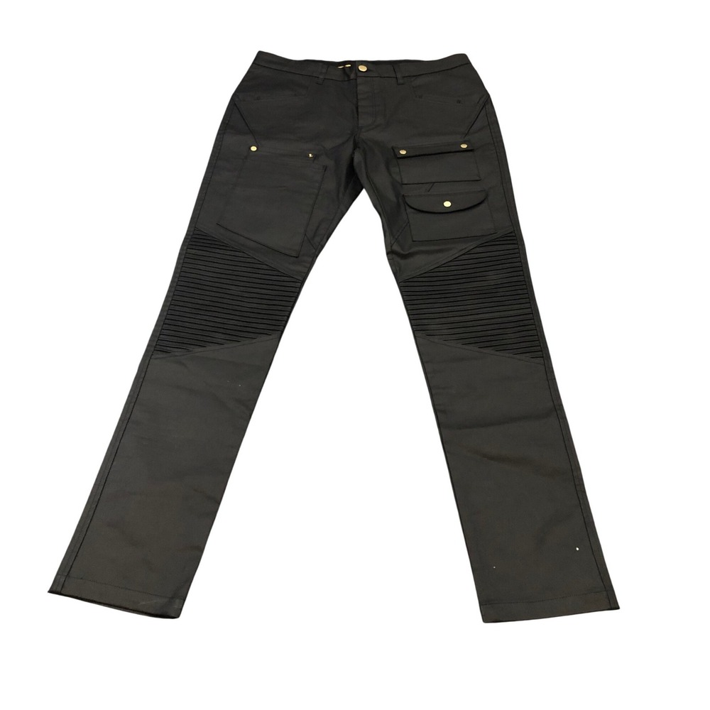 LVL XIII Moto Cargo Pants Mens 34 Black Coated Ribbed Biker Streetwear